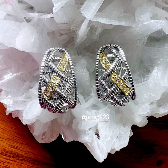 Judith Ripka JR TWO Diamond Estate Basketweave J Hoop Earrings - Picture 5 of 12